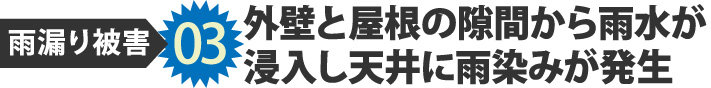 雨漏り被害03外壁と屋根の隙間から雨水が
浸入し天井に雨染みが発生