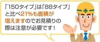 「150タイプ」は「88タイプ」と比べ21％も面積が増えますのでお見積りの際は注意が必要です！