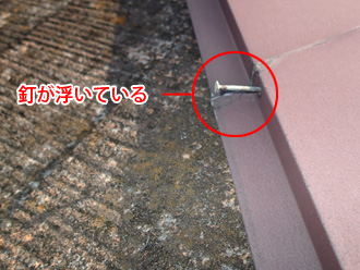 川崎市多摩区　雨漏り調査　棟板金の釘が浮いている