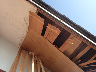 剥がれた軒天のベニヤ