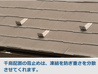 千鳥配置の雪止めには凍結を防ぐ効果があり、重さを分散させてくれます