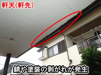 軒先部分の錆と塗装剥がれの様子