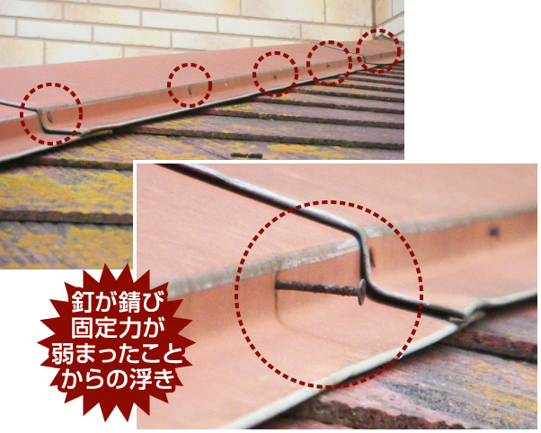 釘が錆び固定力が弱まったことからの浮き