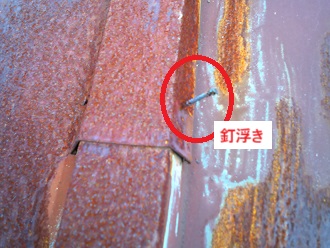 瓦棒葺き　釘浮き