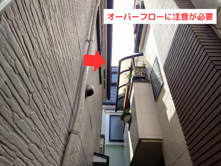 オーバーフローした場合、隣家に雨水がかかってしまう状況