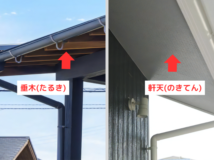 垂木が見える軒先・軒天が張られた軒先