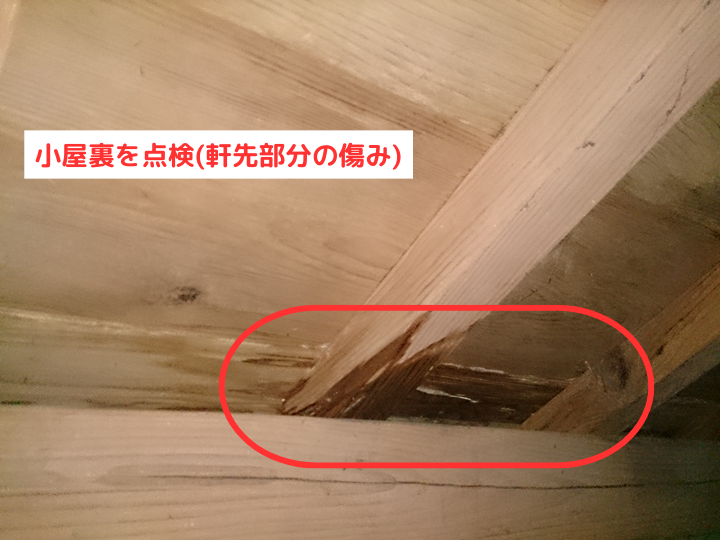 小屋裏を点検(軒先部分の傷み)