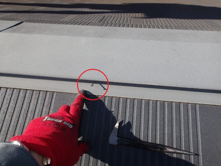 棟板金を固定する釘が複数箇所で浮いている状態