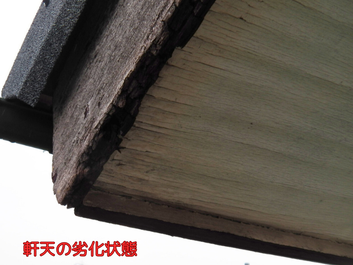 水分を含みふやけた軒天