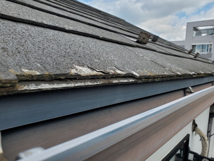 屋根に劣化が進み一部が剥離している状態