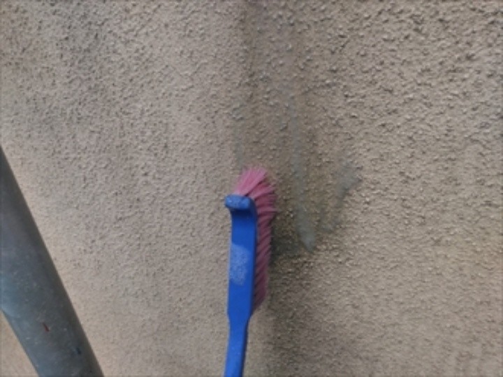 外壁の汚れやカビに専用の洗剤を用いて擦り落とす作業