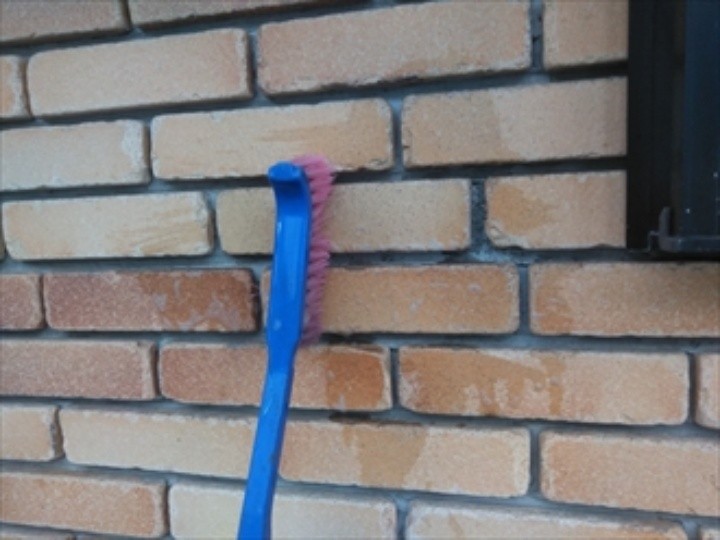 タイル外壁の汚れやカビに専用の洗剤を用いて擦り落とす作業