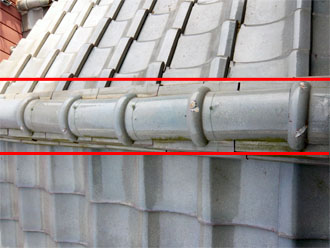 佐倉市　屋根　棟瓦取り直し　漆喰詰め直し　点検　棟部分の歪み