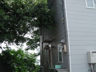 横浜市　棟板金交換 屋根塗装  外壁塗装  外壁は調色して塗り替え　落葉除けネット設置　点検　広葉樹と隣接する外壁